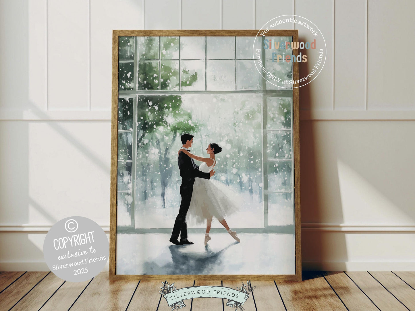 Celebrate love and romance with this enchanting winter ballet print, showcasing a graceful ballerina and her partner dancing in front of a dreamy window as snowflakes gently fall. The perfect gift for Valentines Day, Christmas, or a heartfelt housewarming present, this magical artwork brings timeless elegance and whimsical charm to any space all year round!
