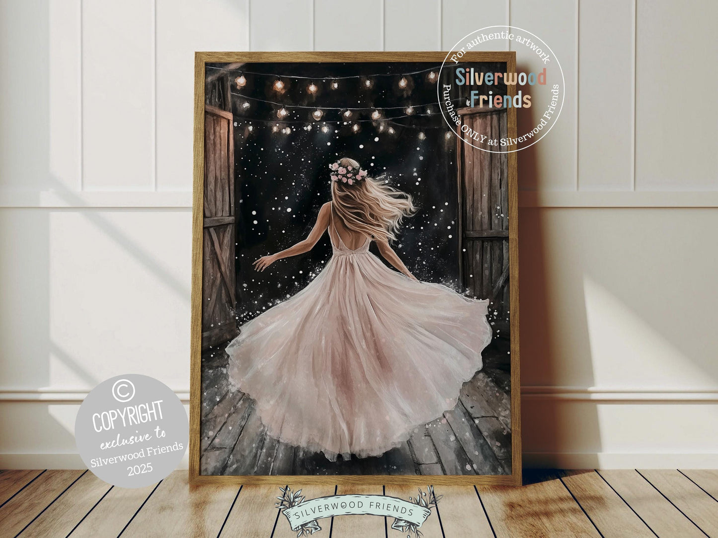 Embrace the magic of western romance with this ethereal print, showcasing a cowgirl bride in a flowing pink dress twirling beneath twinkling fairy lights in a rustic barn. A perfect gift for Valentines Day, Christmas, or a meaningful housewarming present, this dreamy artwork brings timeless elegance and country charm to any space all year round!