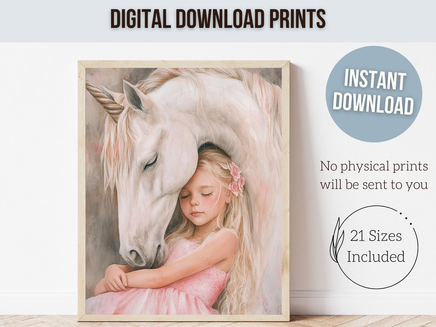 Baby Girl Unicorn Nursery Print, White Unicorn Horse Nursery Bedroom Decor, Little Girl's Fairytale Fantasy Nursery Wall Art Digital Print