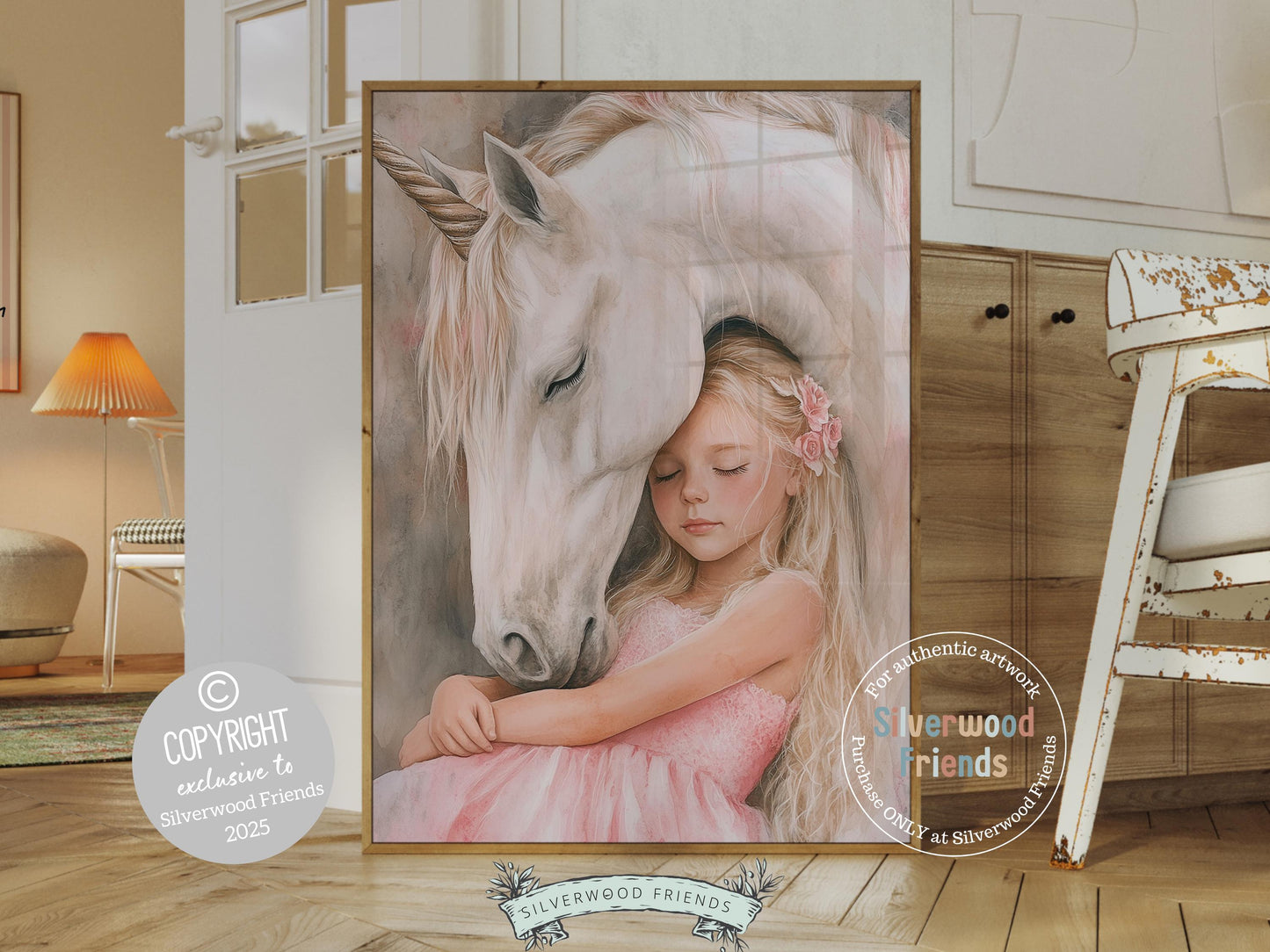 Baby Girl Unicorn Nursery Print, White Unicorn Horse Nursery Bedroom Decor, Little Girl's Fairytale Fantasy Nursery Wall Art Digital Print