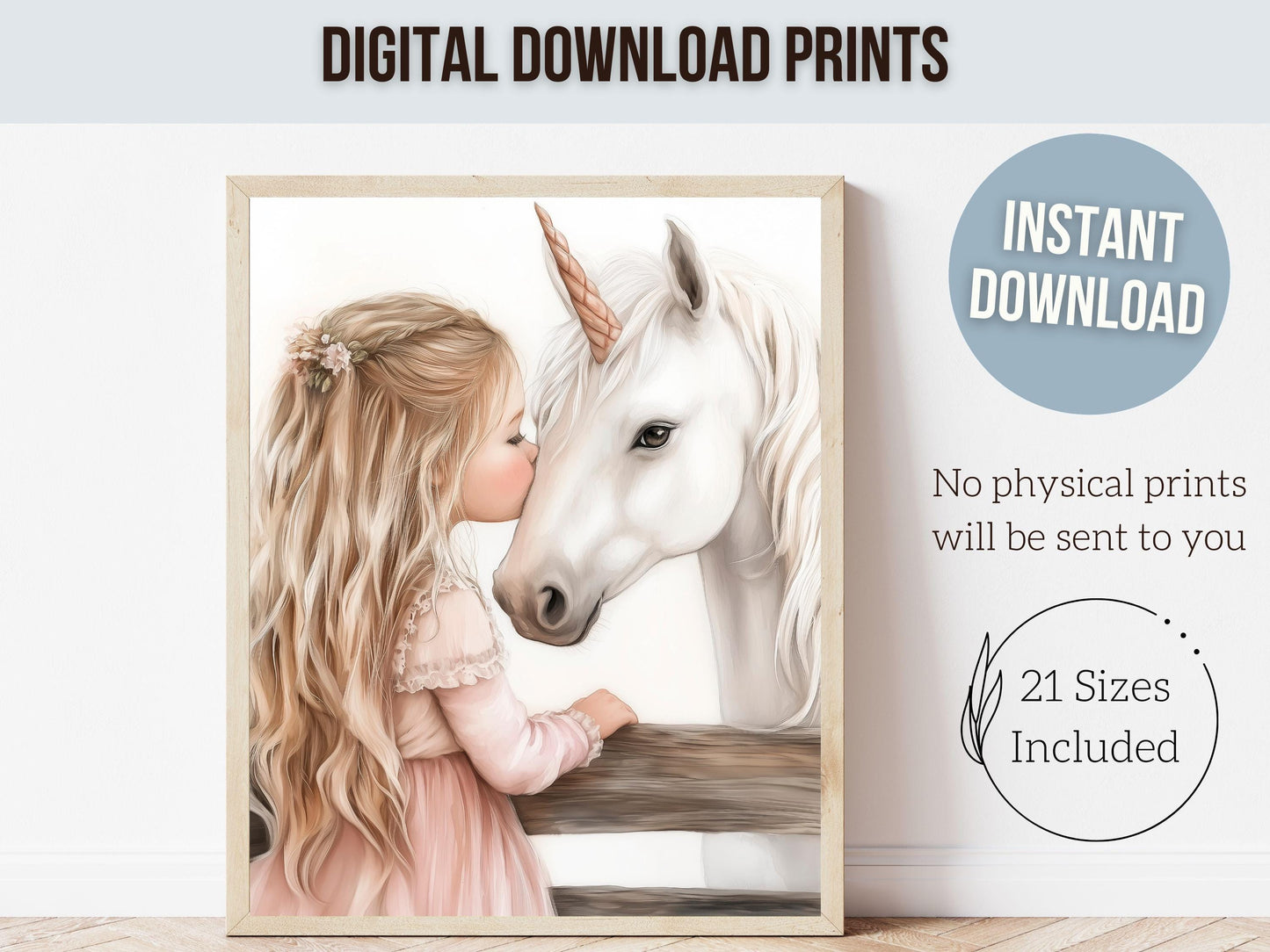 Baby Girl Unicorn Nursery Print, White Unicorn Horse Nursery Bedroom Decor, Little Girl's Fairytale Fantasy Nursery Wall Art Digital Print