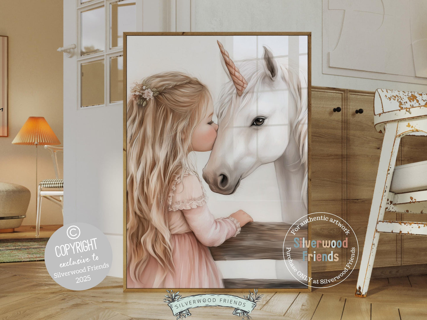 Baby Girl Unicorn Nursery Print, White Unicorn Horse Nursery Bedroom Decor, Little Girl's Fairytale Fantasy Nursery Wall Art Digital Print