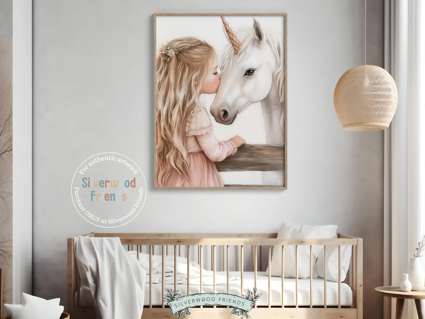 Baby Girl Unicorn Nursery Print, White Unicorn Horse Nursery Bedroom Decor, Little Girl's Fairytale Fantasy Nursery Wall Art Digital Print