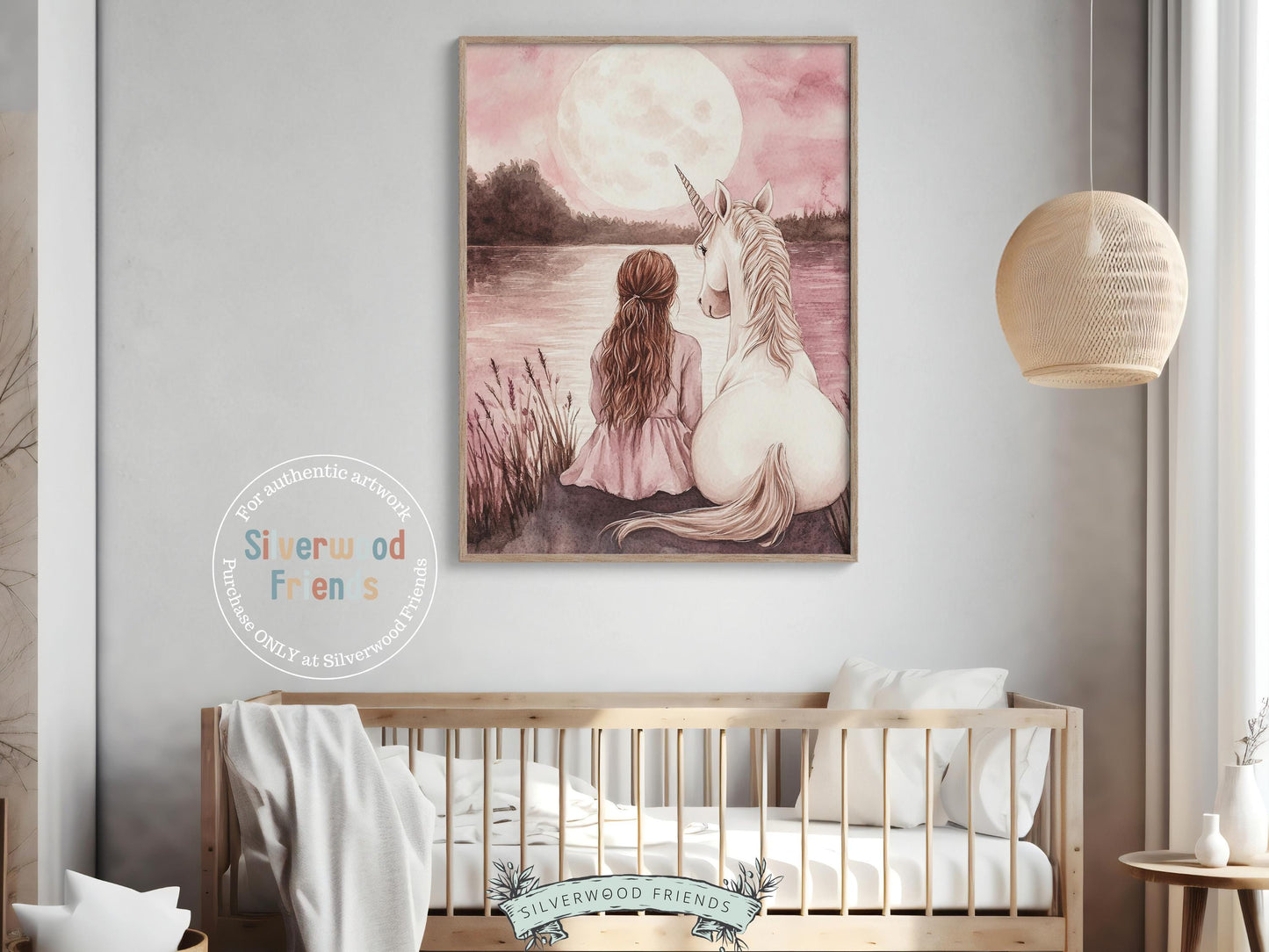 Baby Girl Unicorn Nursery Print, Pastel Pink Unicorn Nursery Bedroom Decor, Full Moon Fairytale Fantasy Nursery Wall Art Digital Print