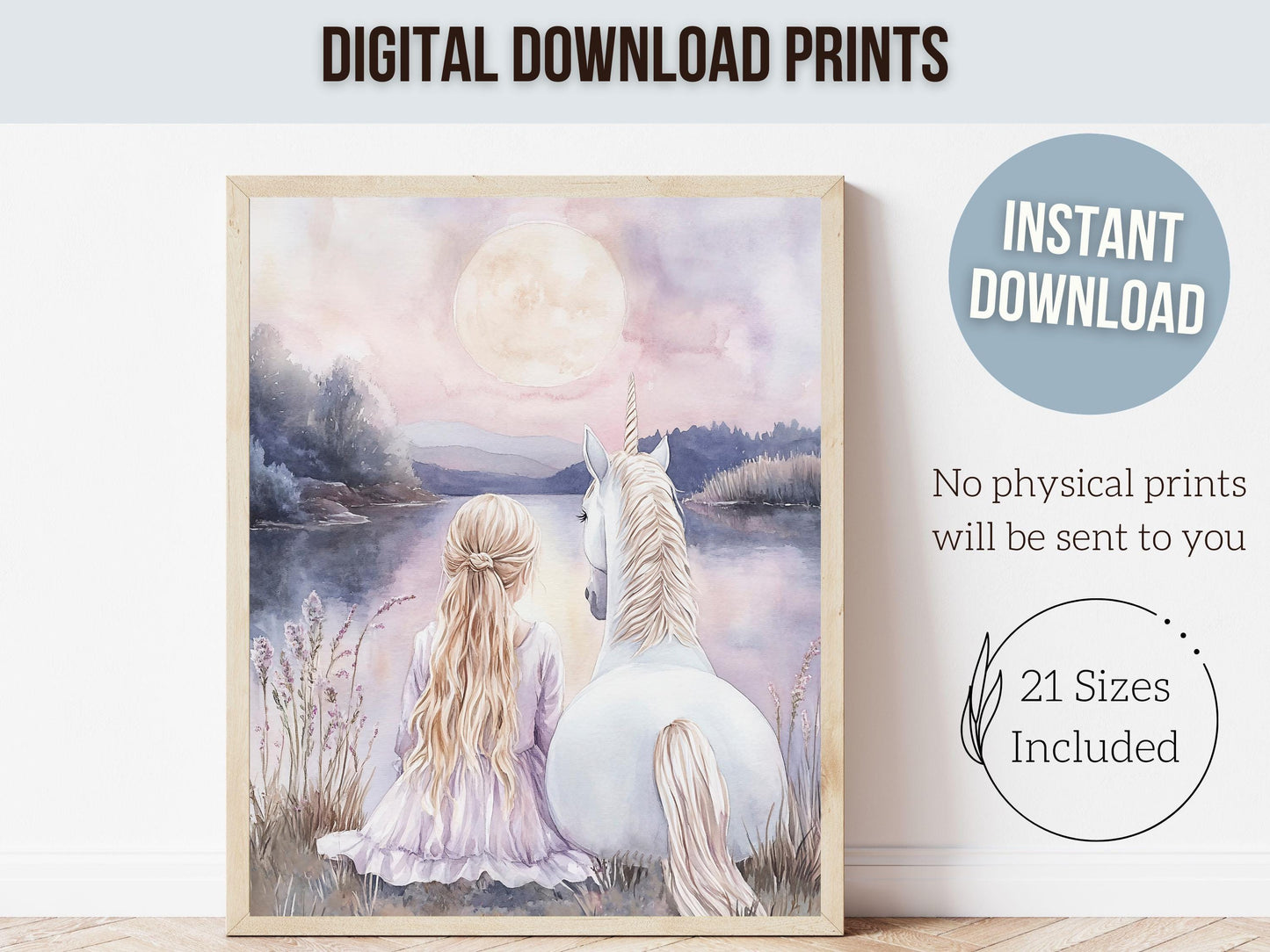 Baby Girl Unicorn Nursery Print, Pastel Purple Unicorn Nursery Bedroom Decor, Full Moon Fairytale Fantasy Nursery Wall Art Digital Print