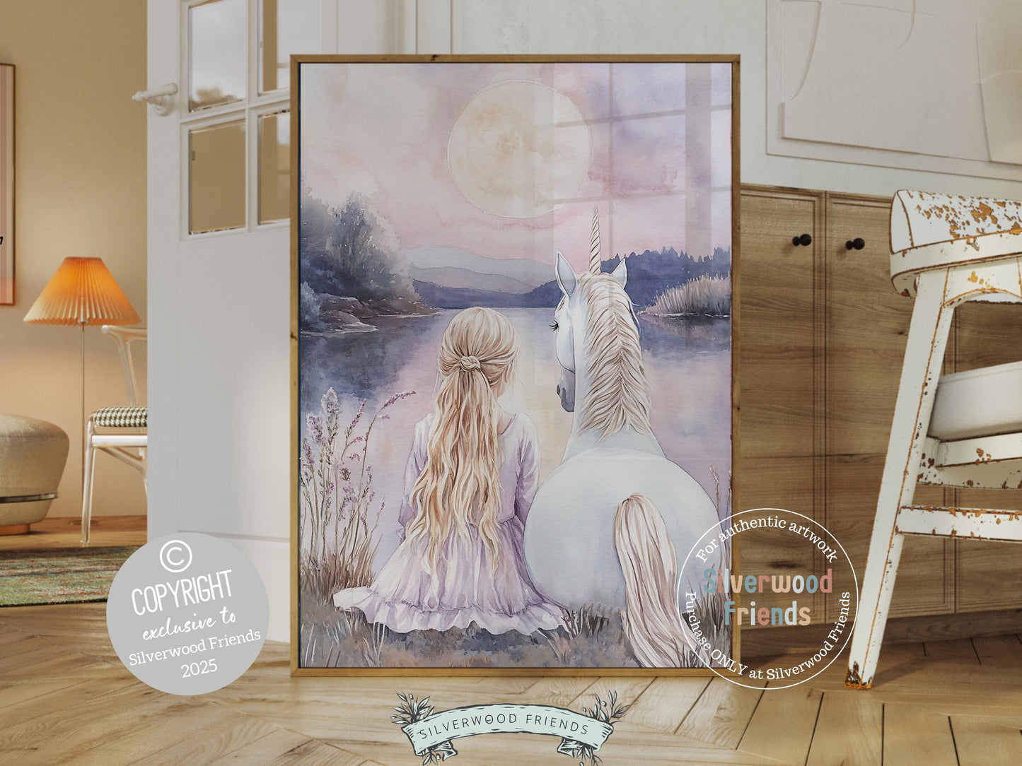 Baby Girl Unicorn Nursery Print, Pastel Purple Unicorn Nursery Bedroom Decor, Full Moon Fairytale Fantasy Nursery Wall Art Digital Print