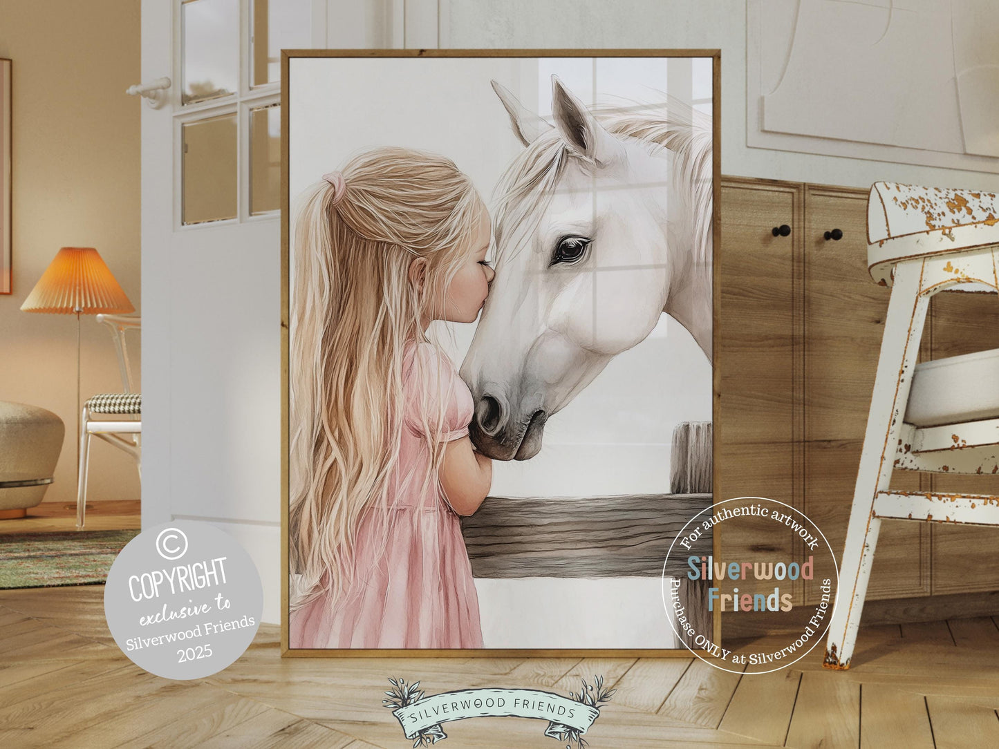 Immerse yourself in the timeless bond between cowgirl and horse with our enchanting watercolor print, depicting a little blonde girl with her beloved white horse.