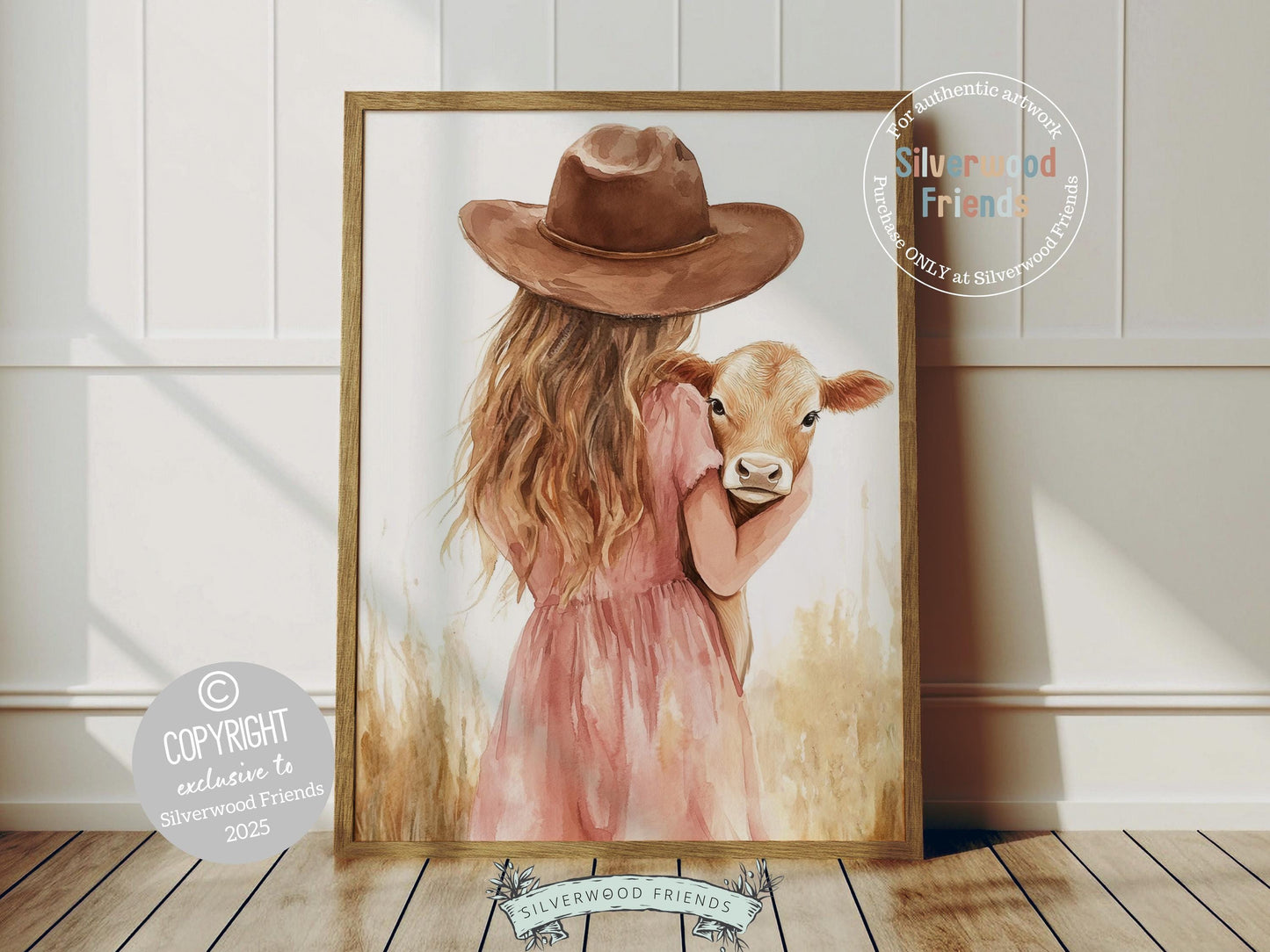 This charming watercolor print captures a sweet moment between a little cowgirl and her beloved highland cow calf, bringing warmth and rustic charm to any space. Perfect for western themed nurseries or kids farmhouse bedrooms, it also makes a heartfelt baby shower gift to be treasured for years to come!