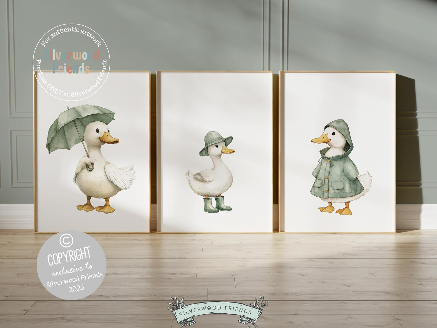 Set of 3 Duck Nursery Prints, Sage Green Duck Nursery Decor, Gender Neutral Duck Nursery Wall Art, Kids Farm Animal Wall Decor Digital Print