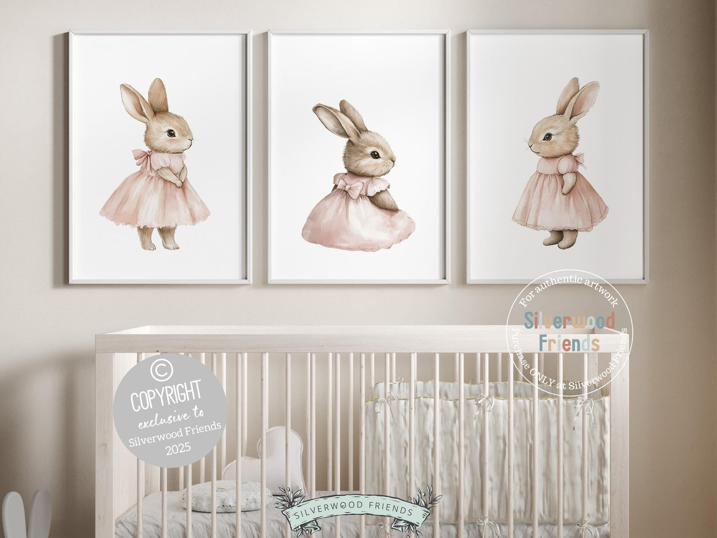 Our adorable Bunny Nursery Prints, featuring watercolor bunny rabbits in sweet pink dresses, add a whimsical touch to your little girls woodland-themed nursery. A charming and unique baby shower gift that will be cherished for years to come!