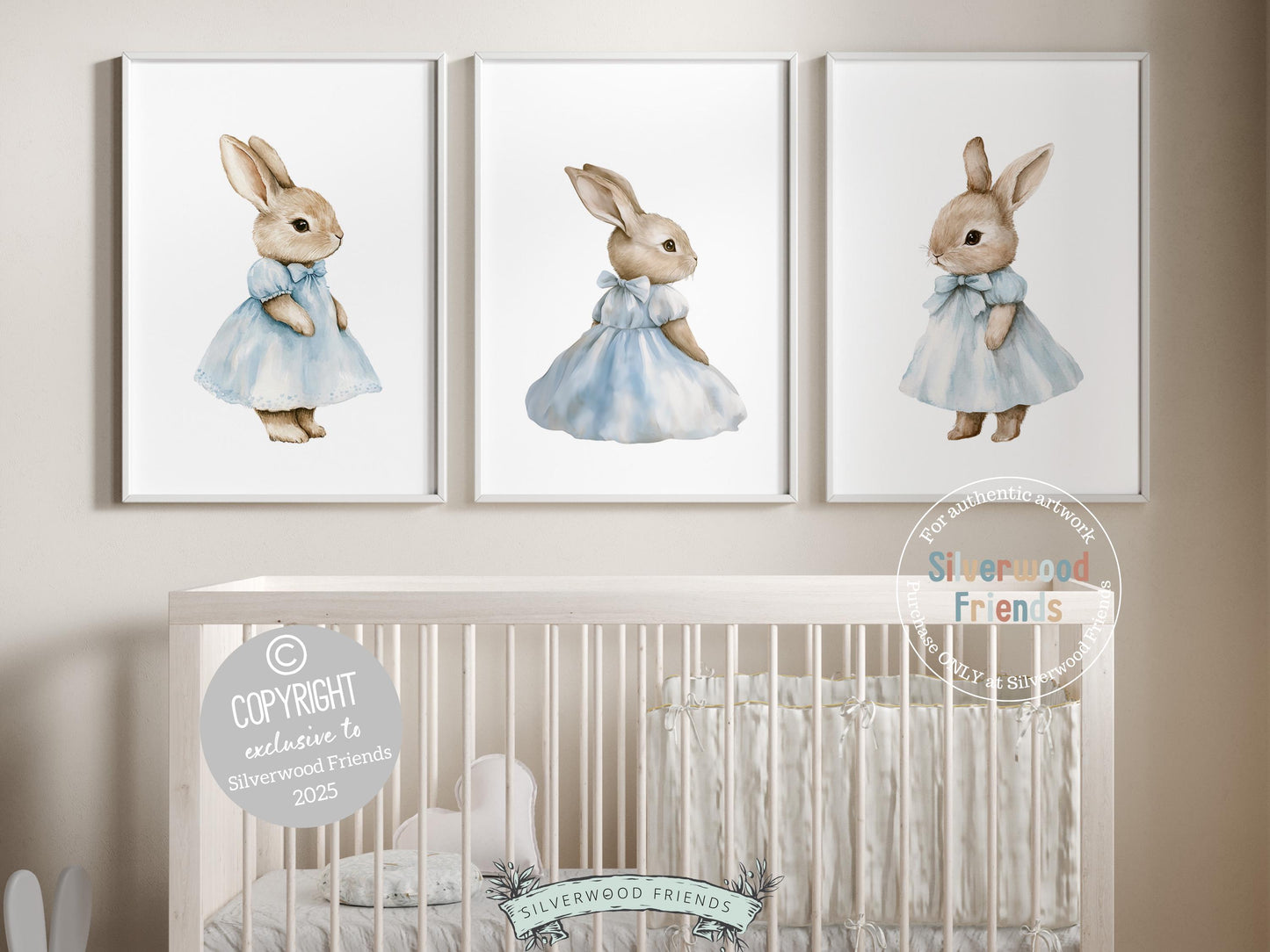 Our adorable Bunny Nursery Prints, featuring watercolor bunny rabbits in sweet blue dresses, add a whimsical touch to your woodland themed nursery. A charming and unique baby shower gift that will be cherished for years to come!
