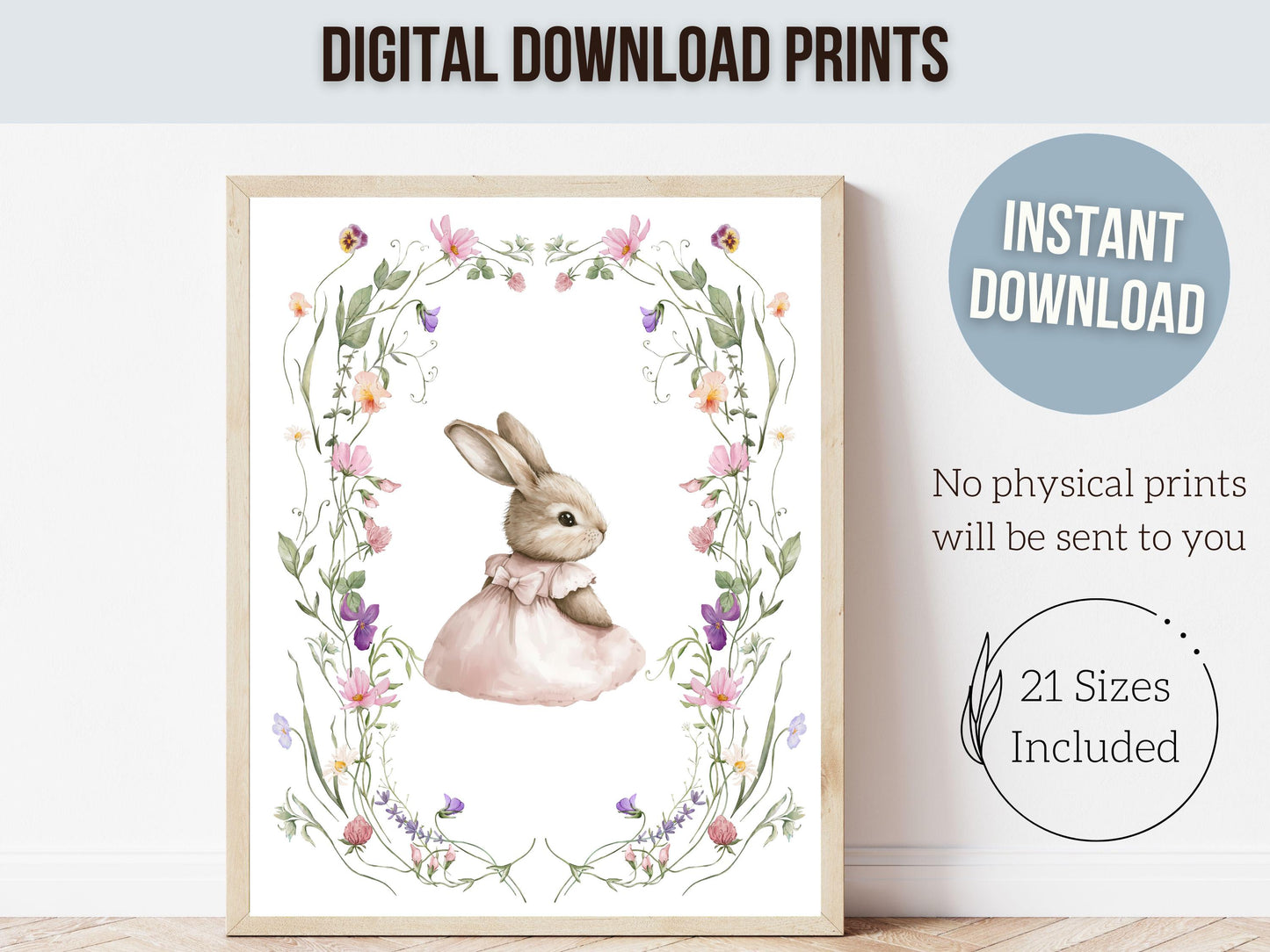 Bunny Nursery Prints, Floral Bunny Nursery Wall Art, Wildflower Nursery Decor, Girl Nursery Prints, Bunny Wildflower Nursery Digital Print