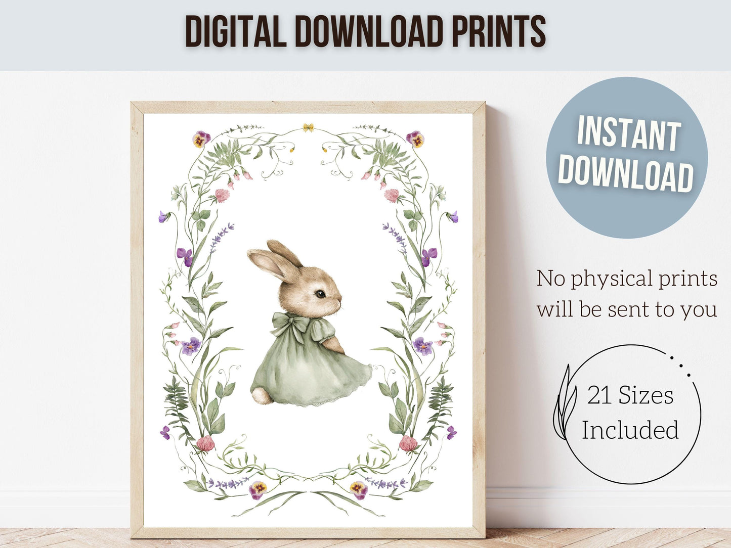 Bunny Nursery Prints, Floral Bunny Nursery Wall Art, Green Wildflower Nursery Decor, Girl Nursery Prints, Easter Printables Digital Print