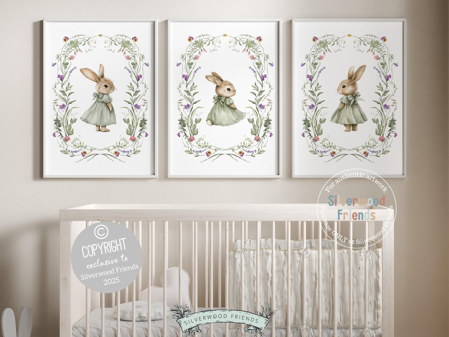 Our enchanting Bunny Nursery Prints, featuring whimsical watercolor bunnies in sage green dresses nestled among delicate wildflowers, brings a touch of magic to your little ones woodland or wildflower-themed nursery. A charming and unique baby shower gift, perfect for creating a dreamy, nature-inspired space!