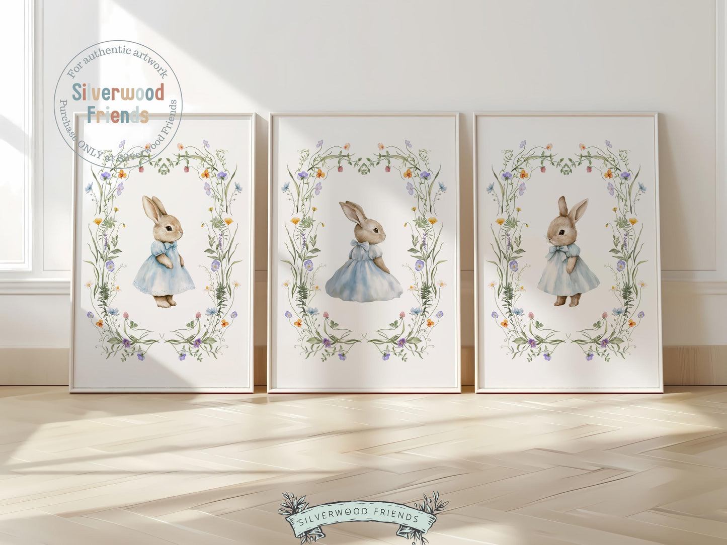 Bunny Nursery Prints, Floral Bunny Nursery Wall Art, Blue Wildflower Nursery Decor, Neutral Nursery Easter Printable Posters Digital Print