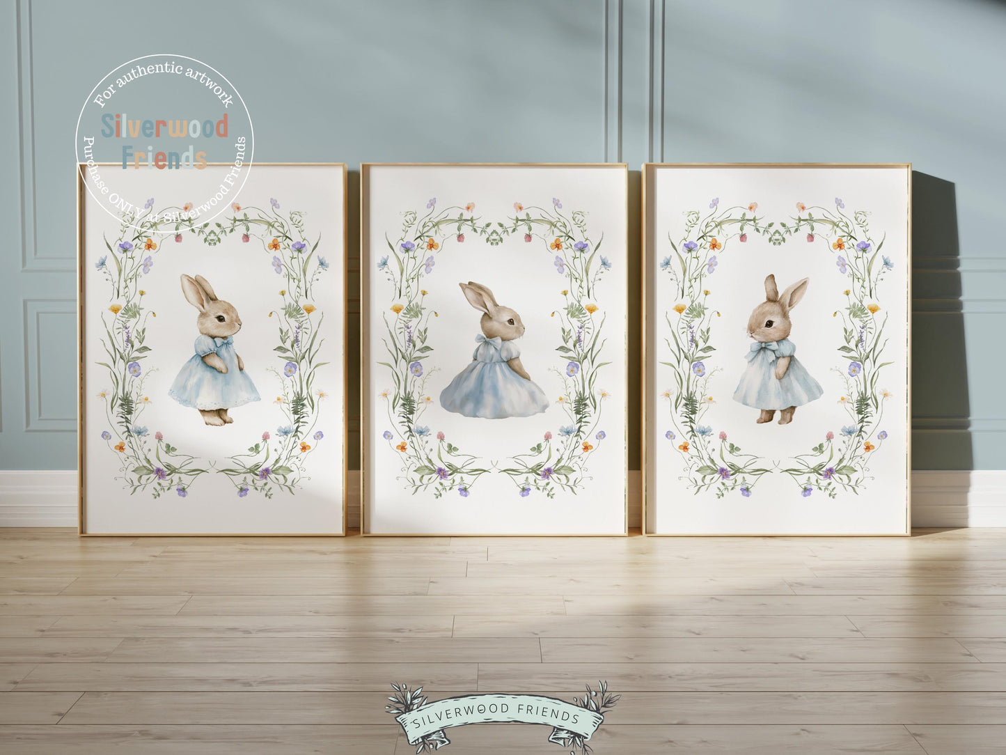 Bunny Nursery Prints, Floral Bunny Nursery Wall Art, Blue Wildflower Nursery Decor, Neutral Nursery Easter Printable Posters Digital Print