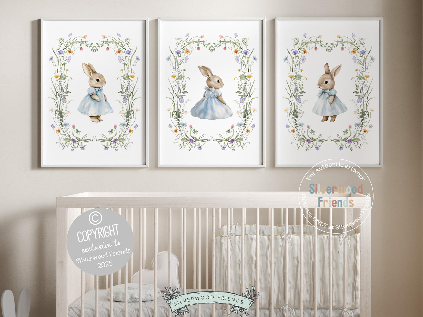 Our enchanting Bunny Nursery Prints, featuring whimsical watercolor bunnies in pale blue dresses nestled among delicate wildflowers, brings a touch of magic to your little ones woodland or wildflower-themed nursery. A charming and unique baby shower gift, perfect for creating a dreamy, nature-inspired space!