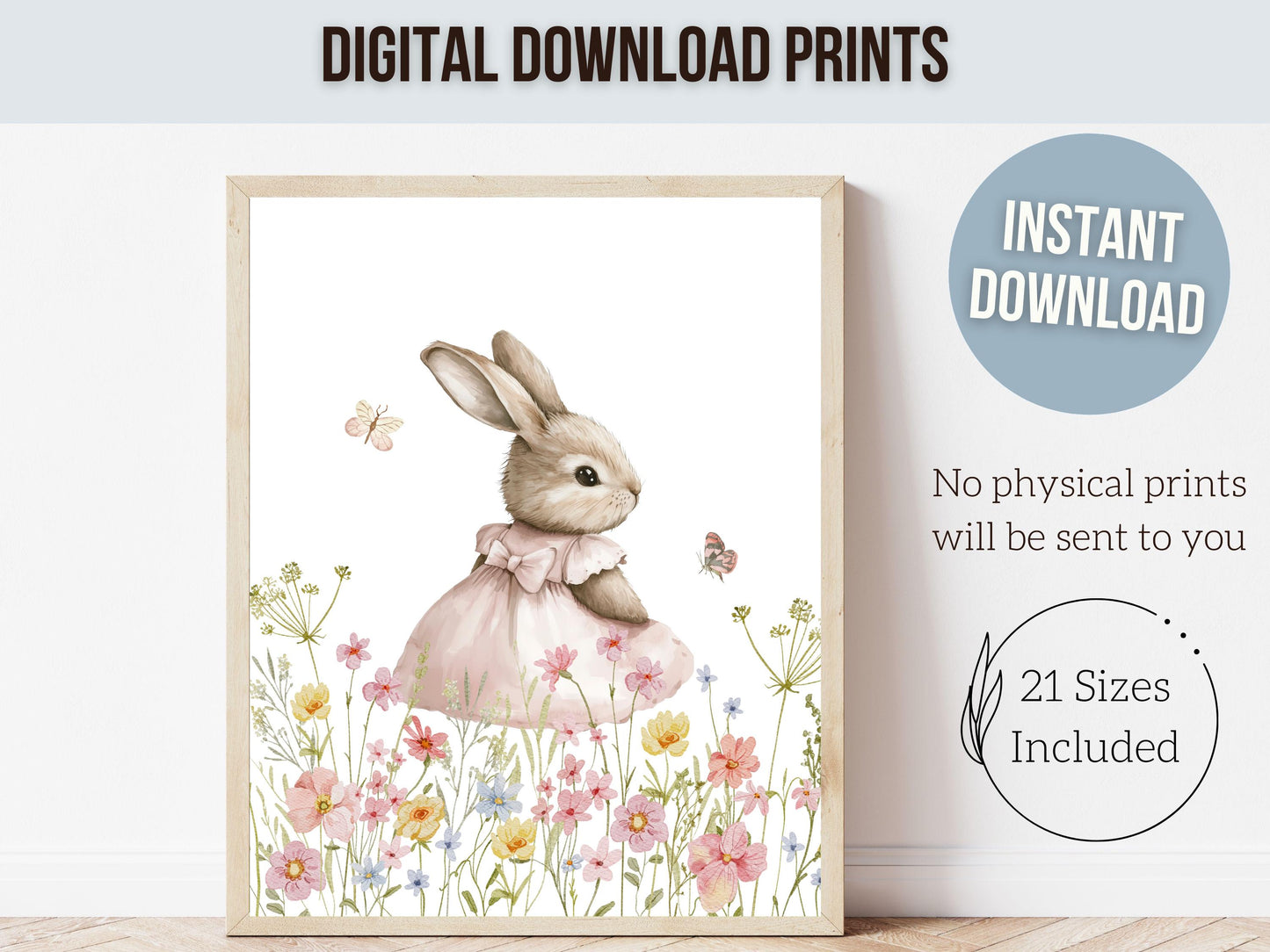 Bunny Nursery Prints, Floral Bunny Nursery Wall Art, Wildflower Nursery Decor, Girl Nursery Print, Spring Easter Bunny Nursery Digital Print