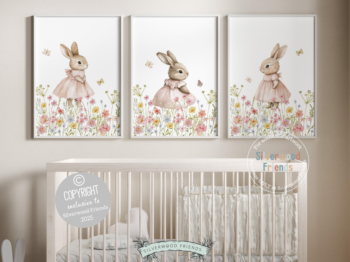 Welcome the beauty of spring into your little ones nursery with our charming Bunny Nursery Prints! Featuring whimsical watercolor bunnies surrounded by delicate wildflowers, these prints bring a dreamy, nature-inspired touch to any spring or woodland-themed space. A perfect way to create a whimsical haven and a unique baby shower gift to be treasured!