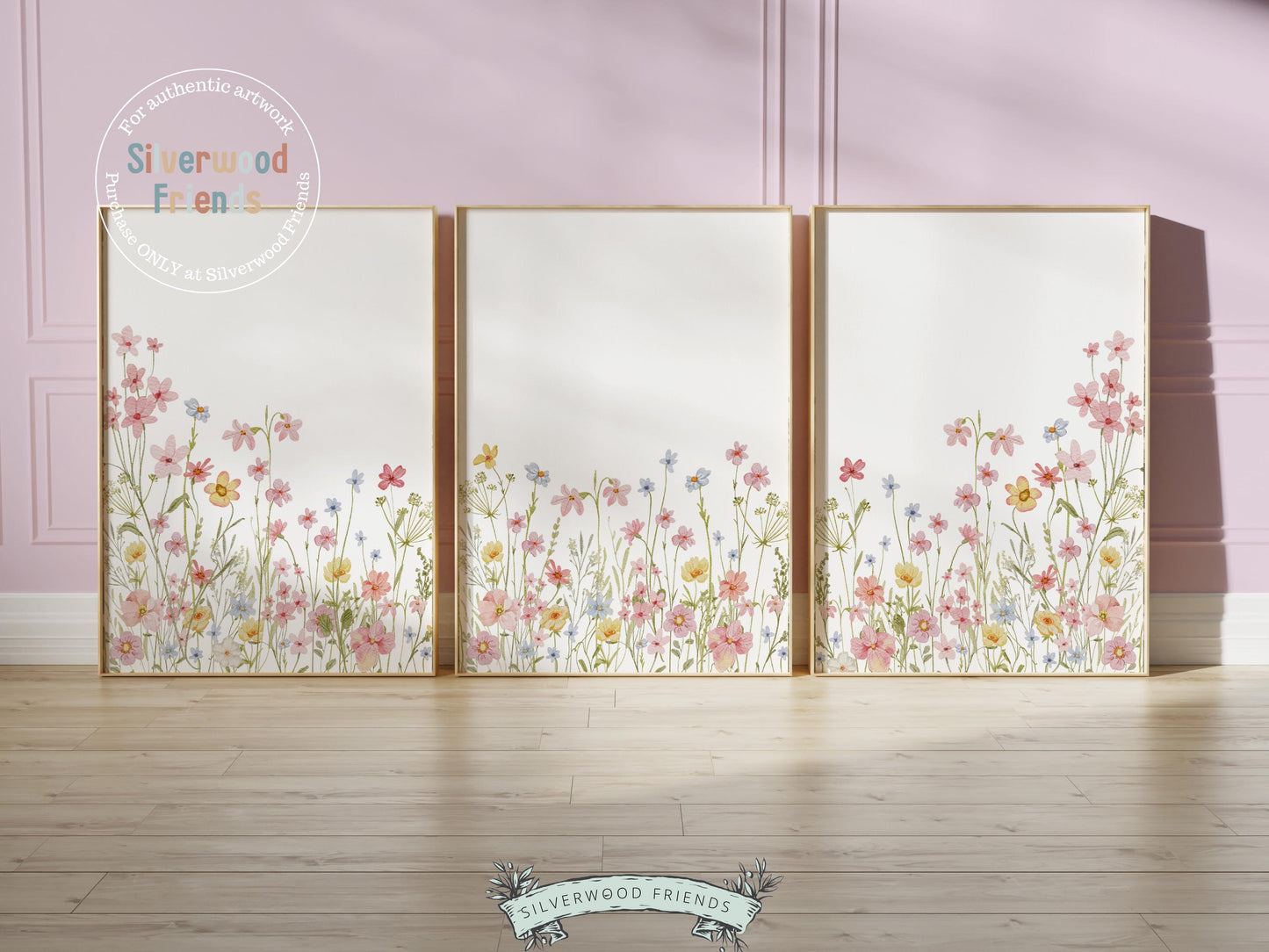 Wildflower Nursery Wall Art, Baby Girl Floral Nursery Prints, Baby Girl Pink Floral Nursery Decor, Wild Flower Field Scape Digital Prints