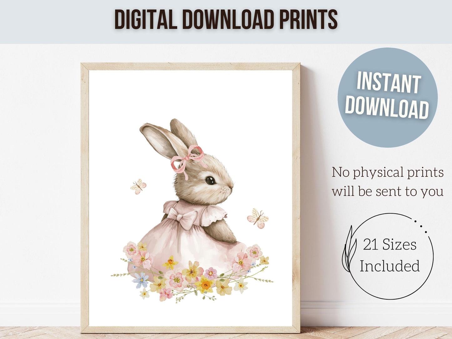 Bunny Nursery Prints, Floral Bunny Nursery Wall Art, Wildflower Nursery Decor, Baby Girl Bedroom Spring Easter Bunny Nursery Digital Prints