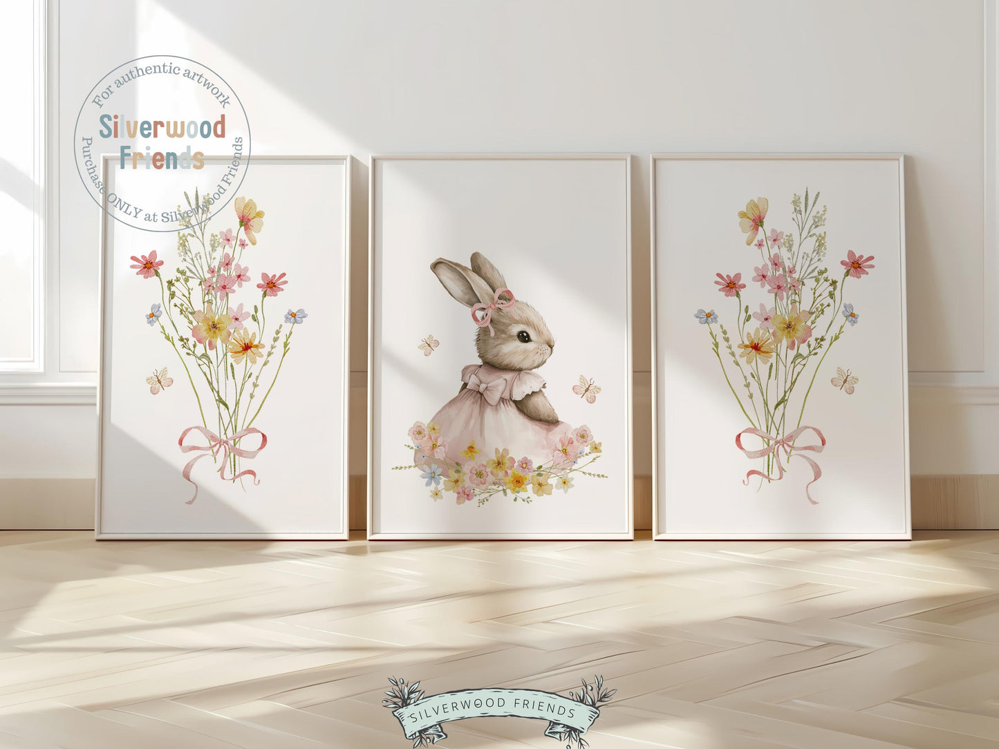Welcome the beauty of spring into your little ones nursery with our charming Bunny Nursery Prints! Featuring whimsical watercolor bunnies surrounded by delicate wildflower bouquets and butterflies, these prints bring a dreamy, nature-inspired touch to any spring or woodland-themed space. A perfect way to create a whimsical haven and a unique baby shower gift to be treasured!