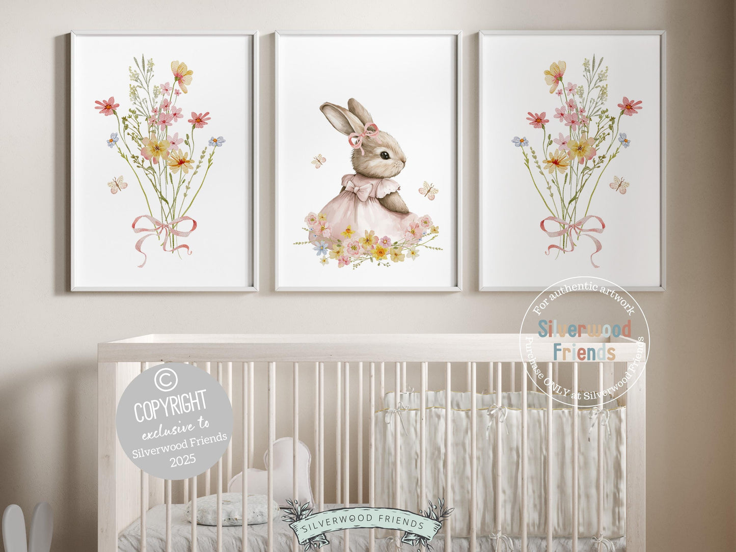 Bunny Nursery Prints, Floral Bunny Nursery Wall Art, Wildflower Nursery Decor, Baby Girl Bedroom Spring Easter Bunny Nursery Digital Prints