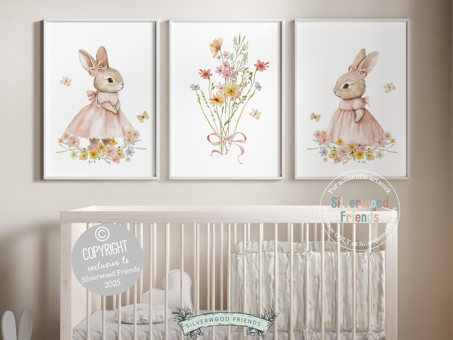 Welcome the beauty of spring into your little ones nursery with our charming Bunny Nursery Prints! Featuring whimsical watercolor bunnies surrounded by delicate wildflower bouquet and butterflies, these prints bring a dreamy, nature-inspired touch to any spring or woodland-themed space. A perfect way to create a whimsical haven and a unique baby shower gift to be treasured!