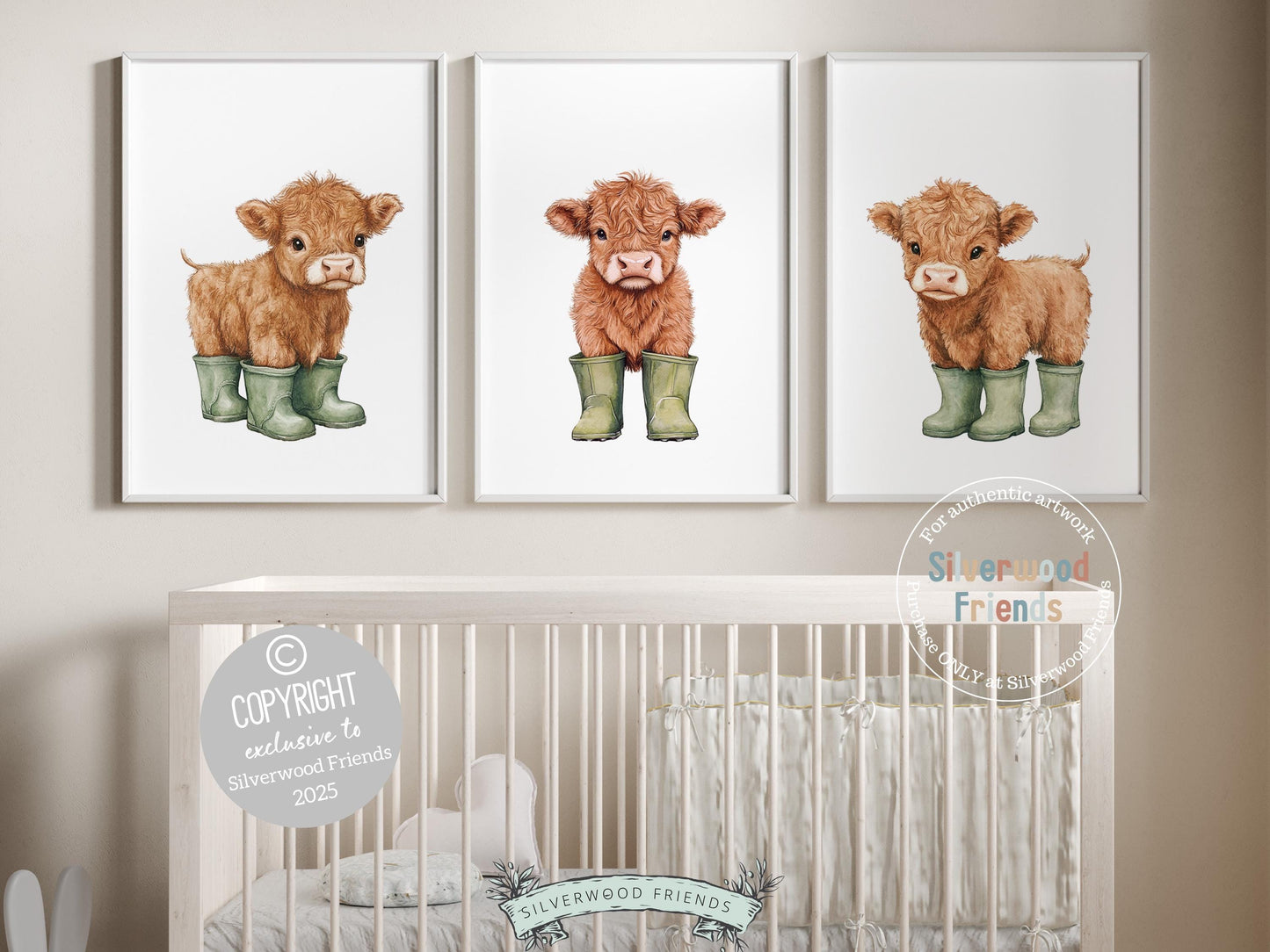Highland Cow Nursery Print, Sage Green Highland Cow Nursery Decor, Watercolor Highland Cow Gift, Kids Farm Bedroom Wall Decor Digital Print