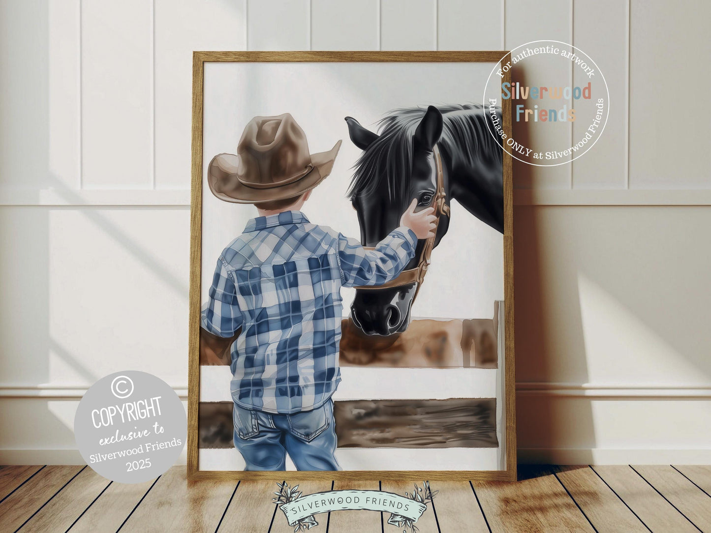 Bring a touch of rustic charm to your baby boys nursery with our Cowboy Nursery Print, showcasing a sweet little brown haired cowboy gently patting his black horse. Perfect for western-themed decor, this heartfelt artwork also makes a thoughtful baby shower gift for horse-loving families.