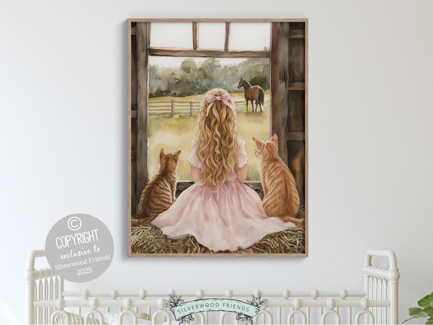 Cowgirl Nursery Print, Cowgirl Horse Nursery Decor, Baby Girl Western Nursery Decor, Girl Farmhouse Tabby Cat Nursery Wall Art Digital Print
