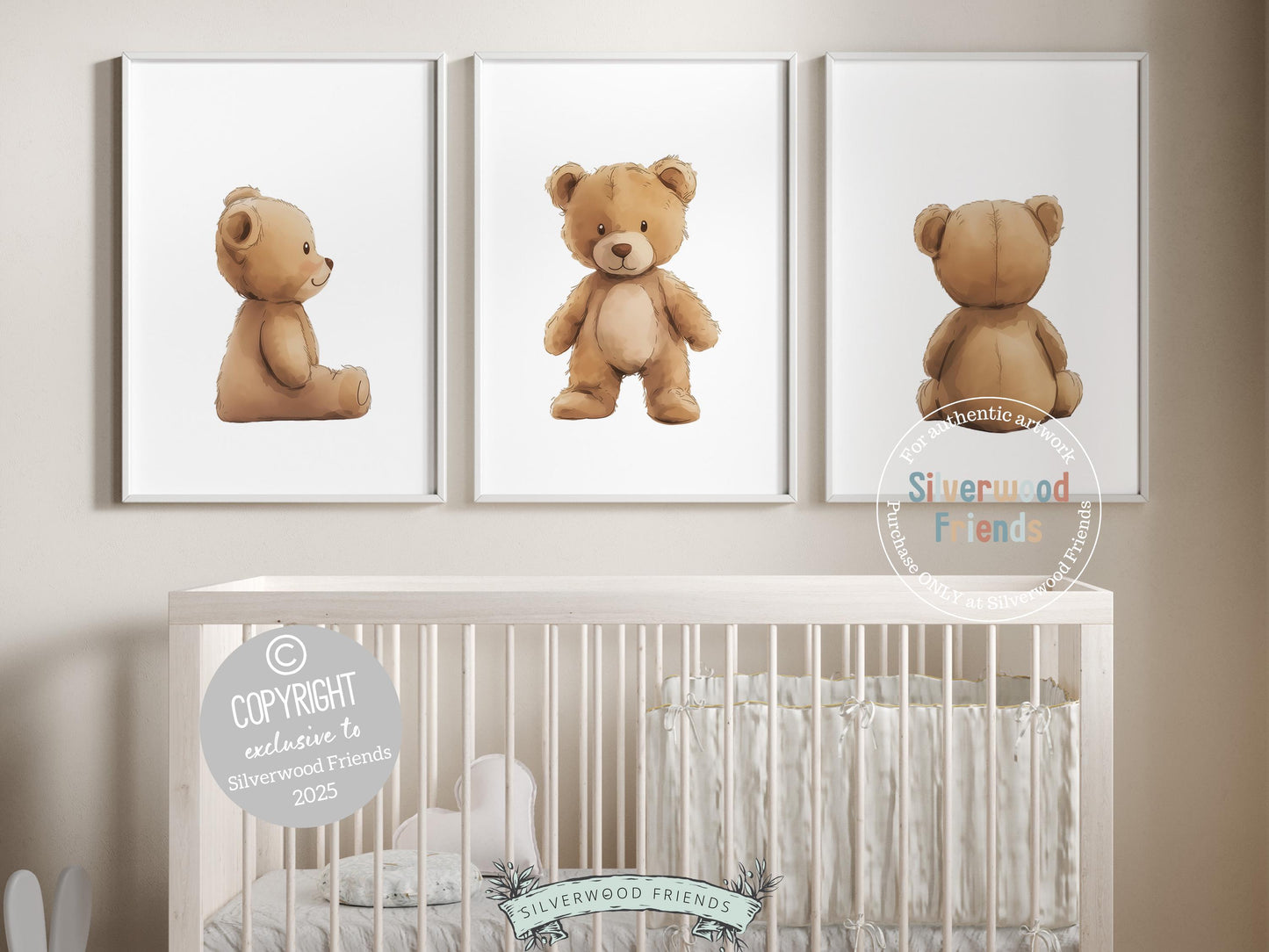 Our delightful minimalist Set of 3 Teddy Bear Nursery Prints features adorable minimalist brown teddy bears. Perfect for your baby bear nursery decor or woodland nursery decor and also makes a unique gender neutral baby shower gift.