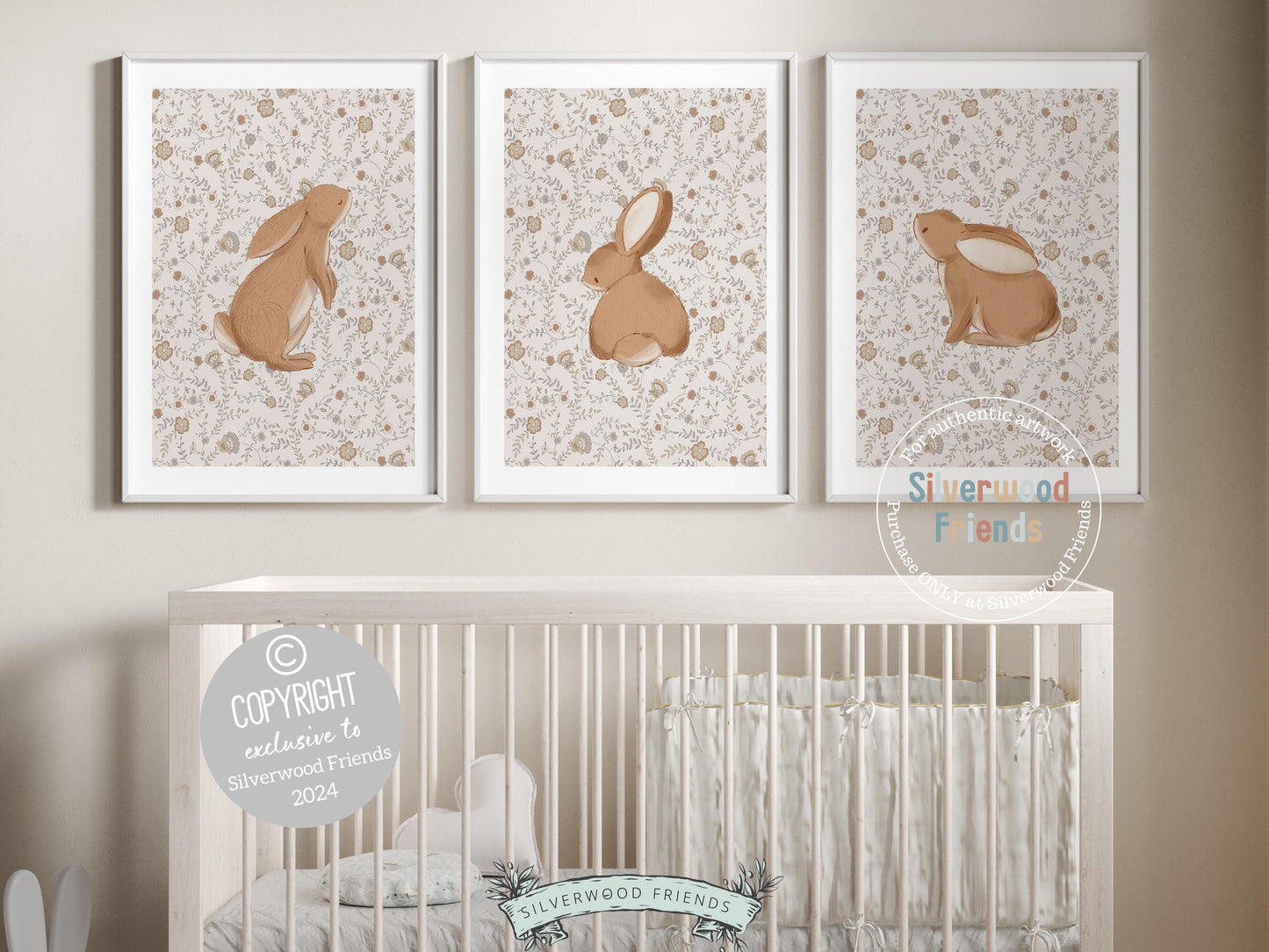 Our gorgeous Bunny Nursery Print Set of 3, showcasing adorable bunny rabbits on a neutral floral pattern is perfect for your woodland nursery or wildflower nursery decor and makes a unique baby shower gift.