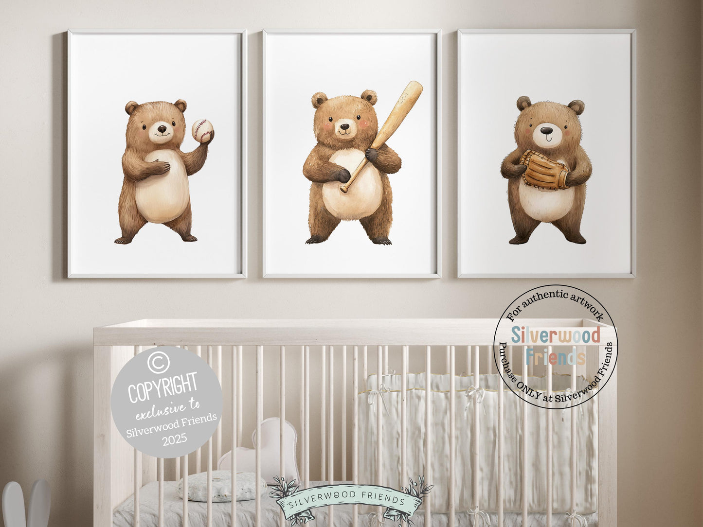 Baseball Nursery Prints, Woodland Bear Nursery Decor, Boys Room Sport Theme Decor, Baseball Printable Posters, Kids Baseball Digital Prints