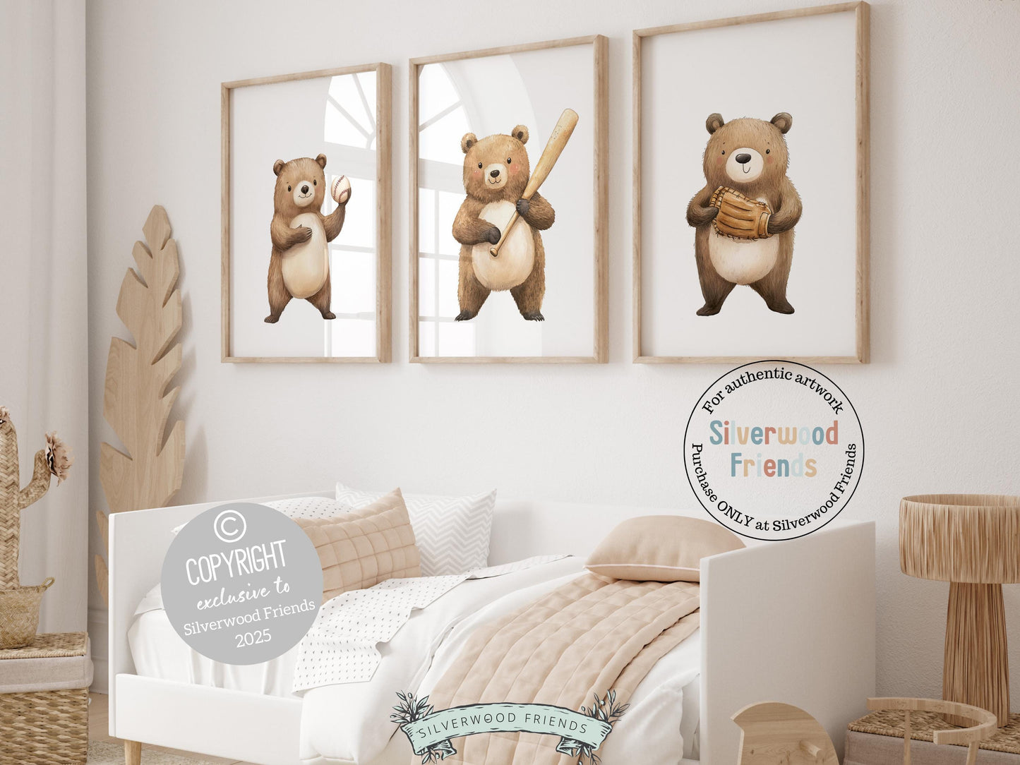 Hit a home run with your nursery decor! Our Baseball Nursery Print Set of 3 features charming woodland bears playing baseball, perfect for a sports themed nursery or a cozy woodland bear room. A grand slam addition for little sluggers and makes a unique baby shower gift.