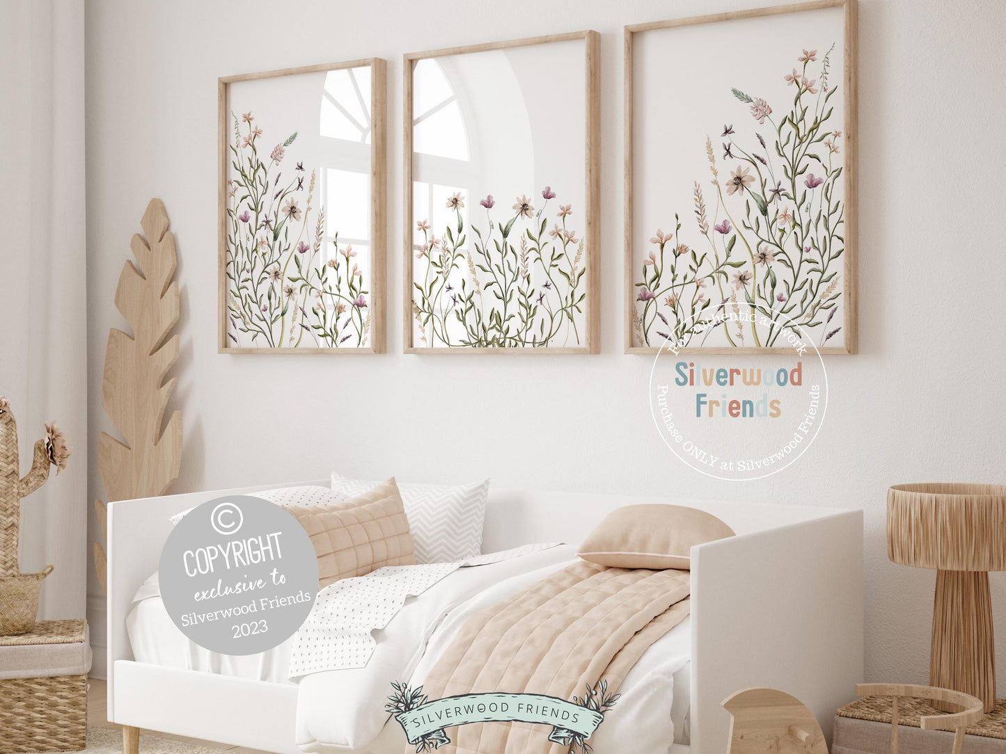 Transform your nursery with the timeless beauty of our Wildflower Nursery Prints, featuring a serene watercolor meadow adorned with delicate blooms in a calming purple, green and pale pink color palette.