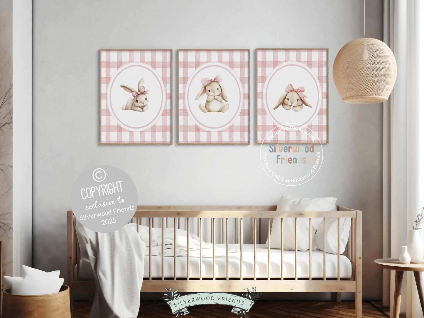Bunny Nursery Prints, Baby Girl Pink Bunny Nursery Wall Art, Woodland Nursery Decor, Girl Nursery Print, Easter Spring Nursery Digital Print