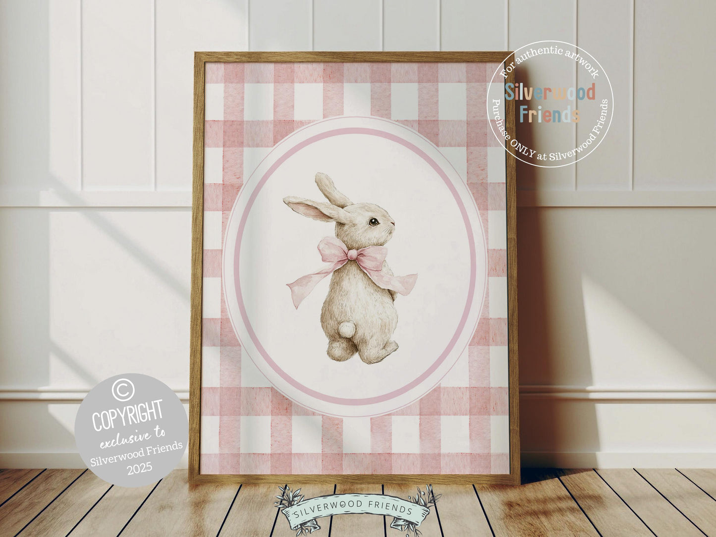 Bring a touch of springtime sweetness to your little girl’s room with our charming Bunny Nursery Prints, featuring watercolor bunny rabbits in pink bows against soft pink and white stripes. Perfect for woodland or spring-themed nurseries, this adorable artwork also makes a thoughtful and unique baby shower gift.