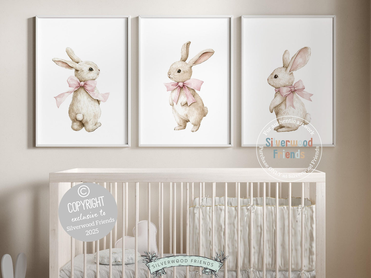 Bunny Nursery Prints, Baby Girl Pink Beige Woodland Bunny Rabbit Nursery Decor, Girl Nursery Wall Art, Kids Easter Bunny Decor Digital Print