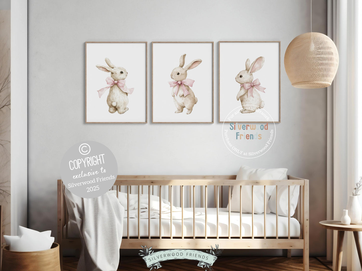 Bunny Nursery Prints, Baby Girl Pink Beige Woodland Bunny Rabbit Nursery Decor, Girl Nursery Wall Art, Kids Easter Bunny Decor Digital Print