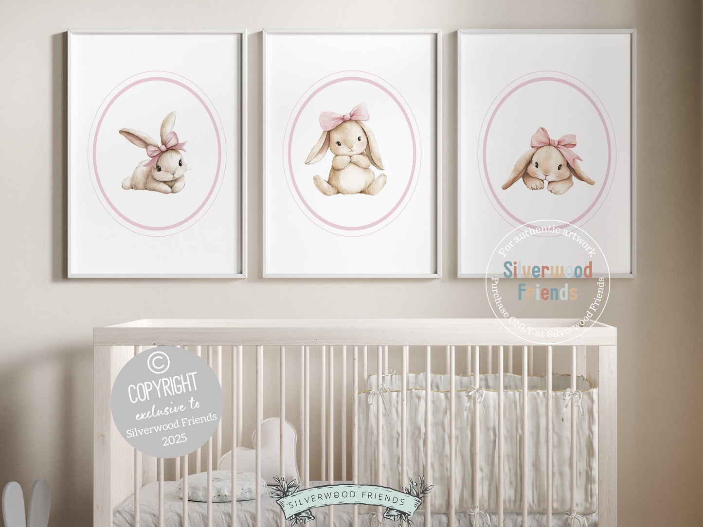Bunny Nursery Prints, Baby Girl Pink Beige Woodland Bunny Rabbit Nursery Decor, Girl Nursery Wall Art, Kids Easter Bunny Decor Digital Print