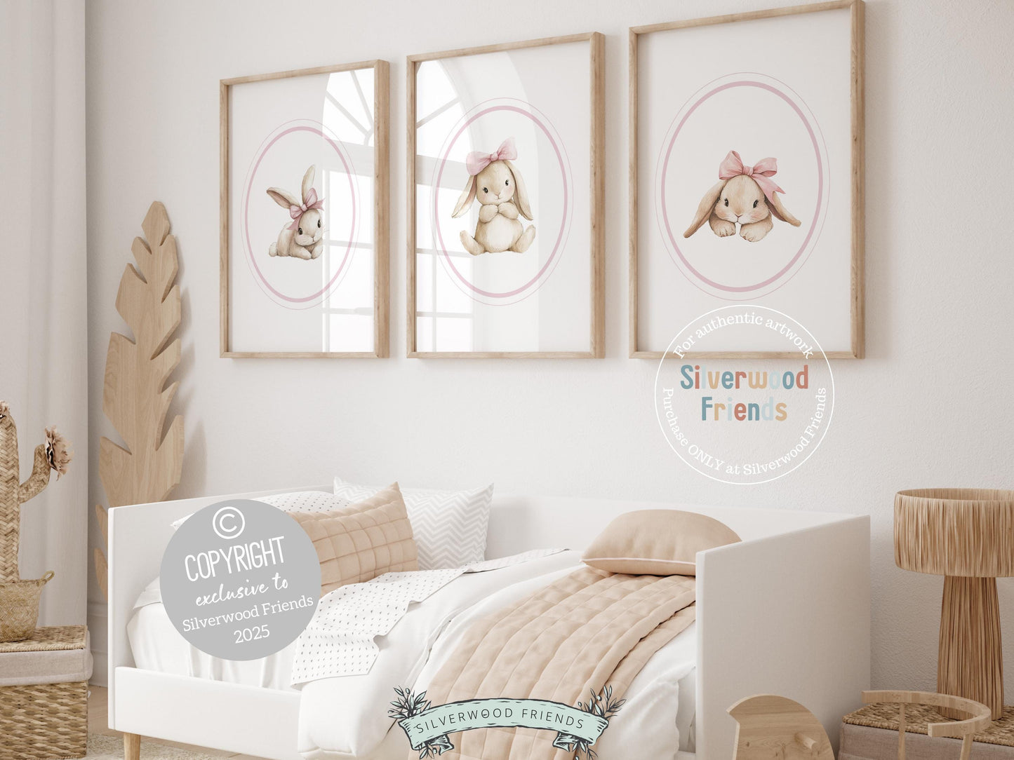 Our delightful minimalist Set of 3 Bunny Nursery Prints features adorable bunny rabbits in pink bows with a pink oval design feature. Perfect for your baby girls woodland nursery decor and also makes a unique baby shower gift.