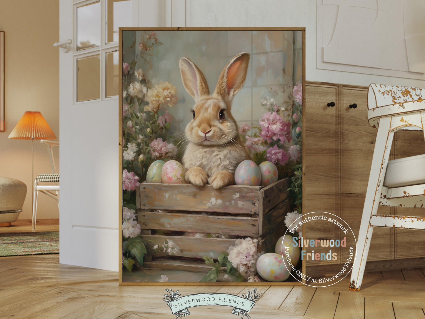 Easter Bunny Print, Easter Decor, Woodland Bunny Nursery Decor, Spring Farmhouse Wall Decor, Cottagecore Decor, Easter Eggs Digital Print