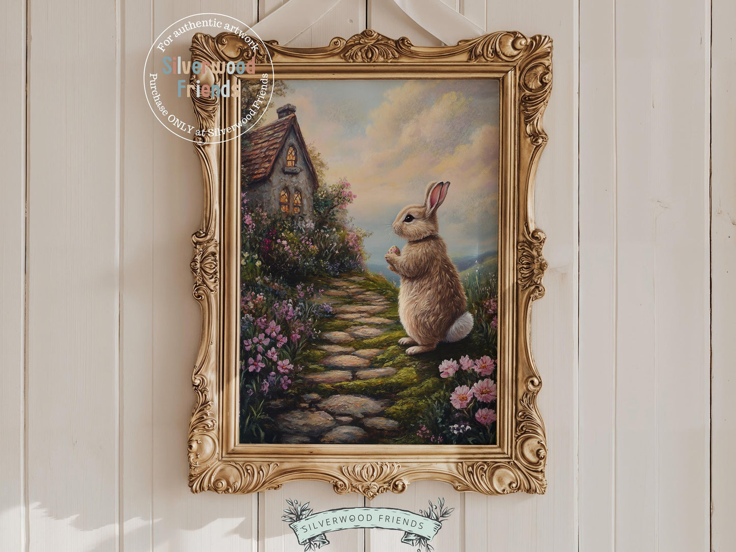 Add a touch of Easter charm to your home with our enchanting Bunny Nursery Print, featuring a sweet bunny rabbit holding an Easter egg outside a cozy country farmhouse, surrounded by blooming wildflowers in a soft oil painting style. Perfect for warm and inviting Easter decor or a thoughtful Easter gift, it also brings a whimsical, storybook feel to any woodland or wildflower themed nursery.