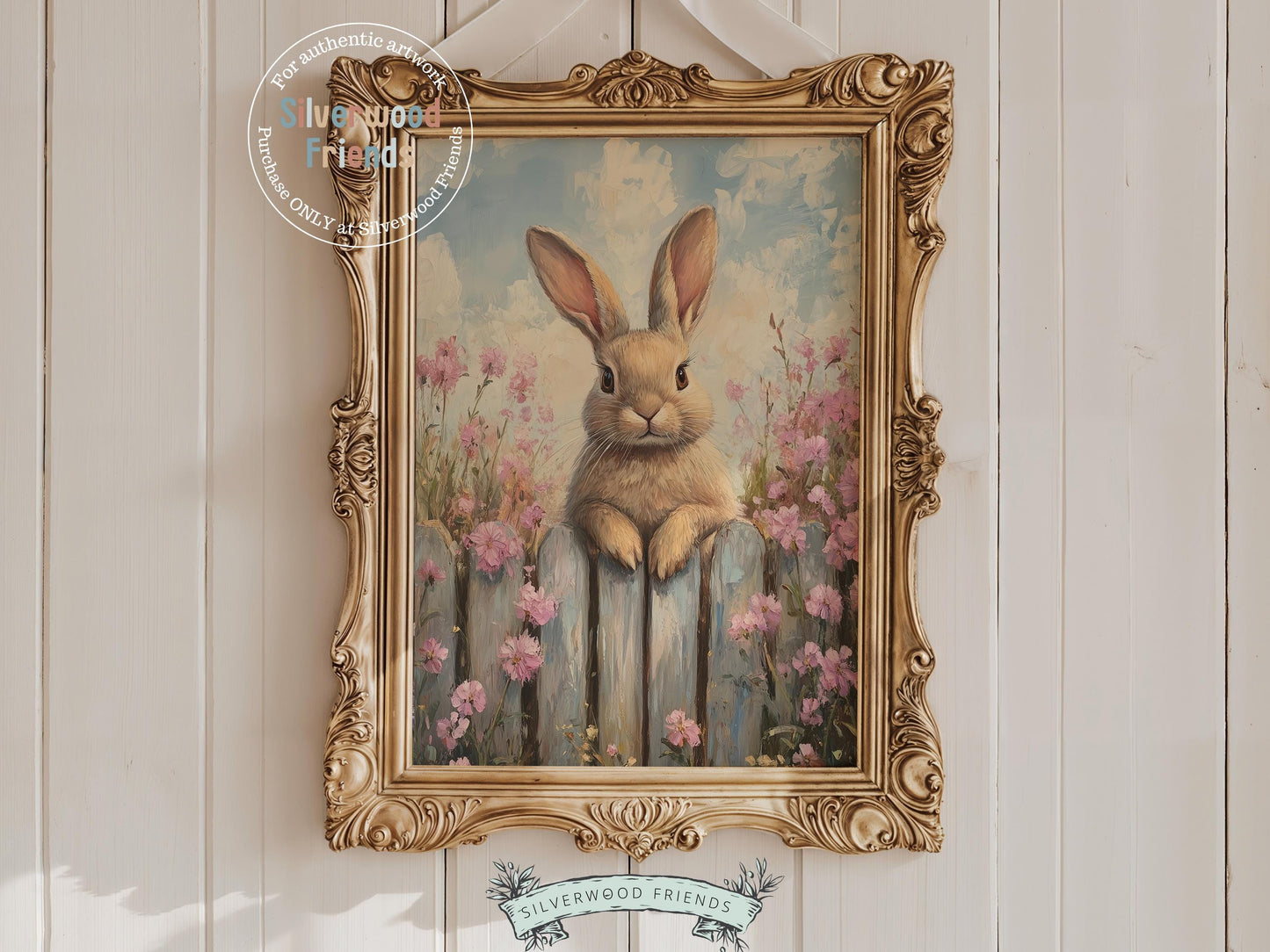 Add a touch of whimsy to your space with our charming Bunny Nursery Print, showcasing a sweet bunny rabbit peeking over a rustic country fence, surrounded by soft pink wildflowers in a gentle oil painting style. Ideal for cozy Easter decor or a woodland wildflower themed nursery, it also makes a unique and heartfelt baby shower gift.
