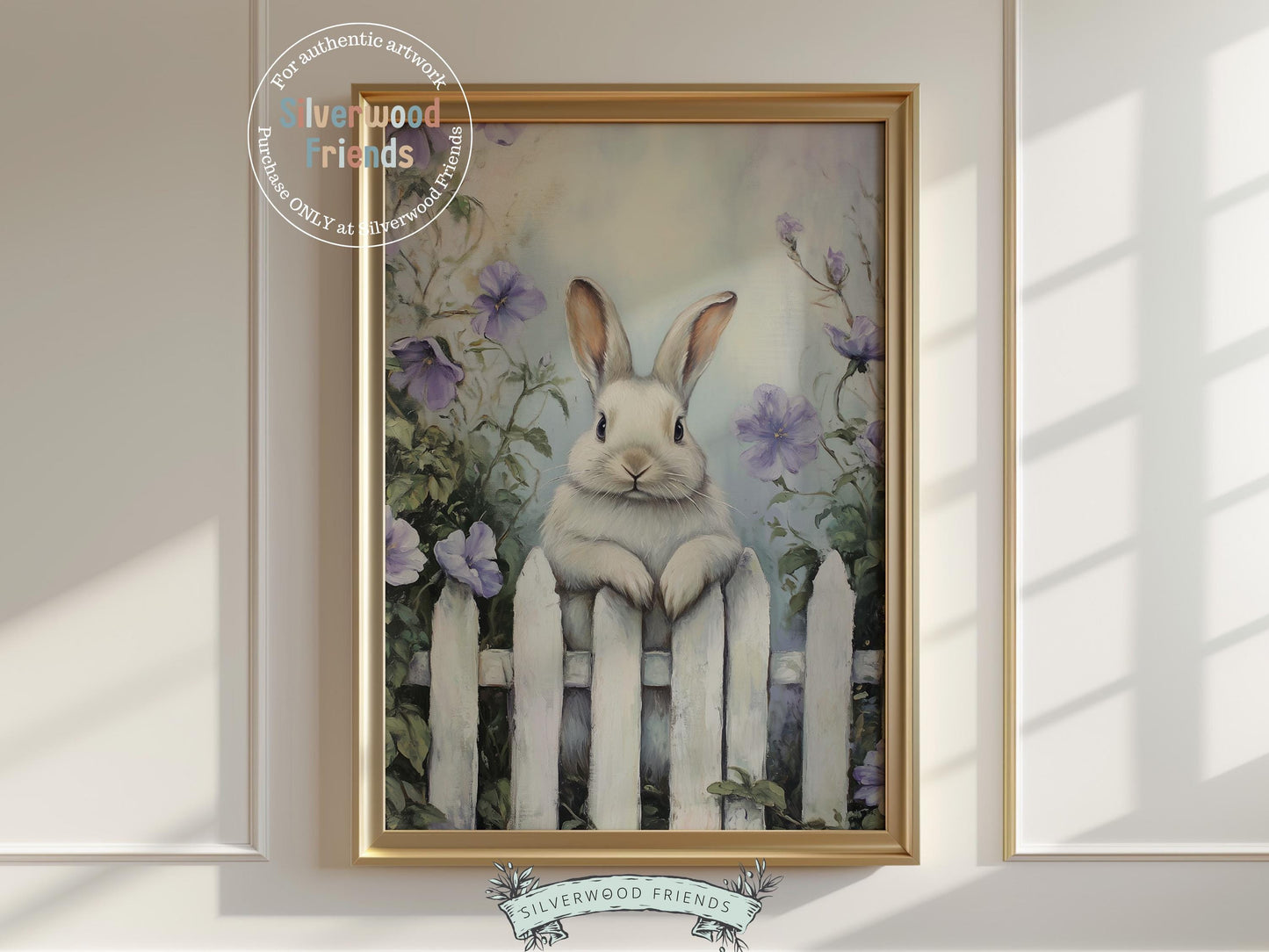 Add a touch of whimsy to your space with our charming Bunny Nursery Print, showcasing a sweet bunny rabbit peeking over a rustic country fence, surrounded by soft purple wildflowers in a gentle oil painting style. Ideal for cozy Easter decor or a woodland wildflower themed nursery, it also makes a unique and heartfelt baby shower gift.