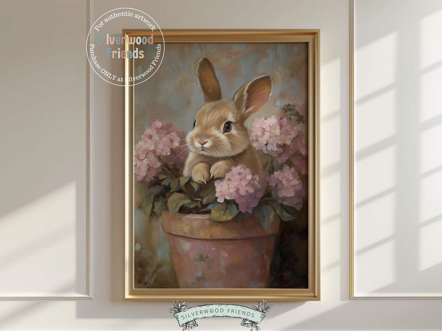 Bring a sprinkle of charm to your space with our whimsical Bunny Nursery Print. This delightful artwork features an adorable bunny nestled in a terracotta pot, surrounded by soft pink hydrangeas, all rendered in a gentle oil painting style. Perfect for cozy Easter decorating or adding a magical touch to a woodland or wildflower themed nursery, it also makes a thoughtful and one-of-a-kind baby shower gift.