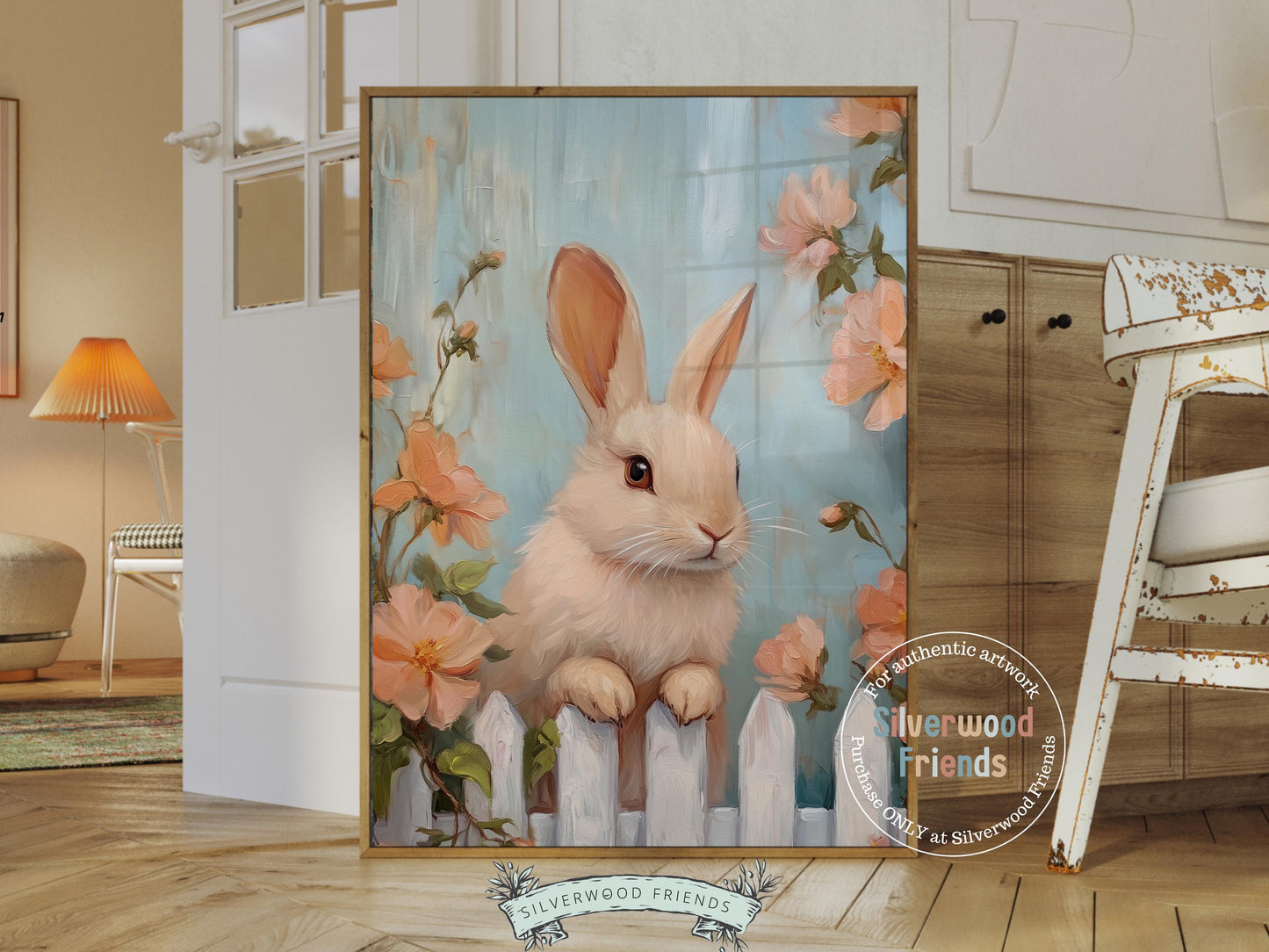 Floral Bunny Print, Bunny Nursery Wall Art, Whimsical Woodland Wildflower Nursery Decor, Spring Farmhouse Easter Wall Decor Digital Print