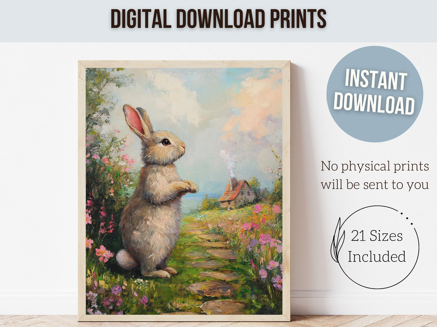 Floral Bunny Print, Whimsical Easter Decor, Woodland Wildflower Bunny Nursery Decor, Spring Cottagecore Farmhouse Wall Decor Digital Print