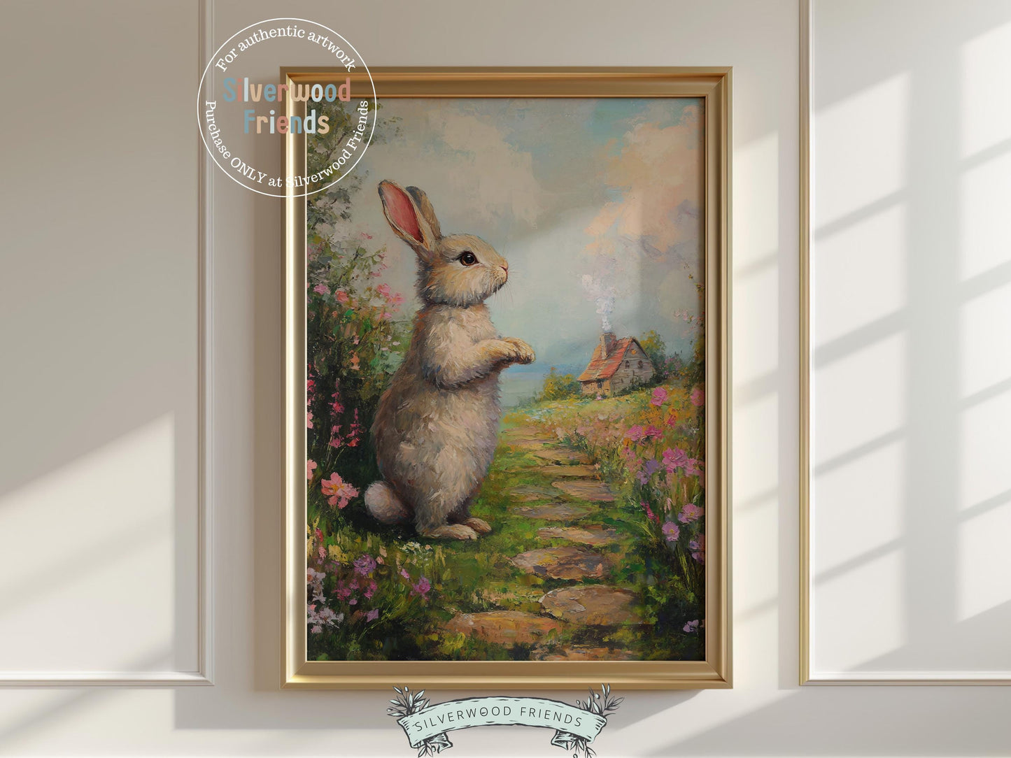 Add a touch of Easter charm to your home with our enchanting Bunny Nursery Print, featuring a sweet bunny rabbit outside a cozy country farmhouse, surrounded by blooming wildflowers in a soft oil painting style. Perfect for warm and inviting Easter decor or a thoughtful Easter gift, it also brings a whimsical, storybook feel to any woodland or wildflower themed nursery.